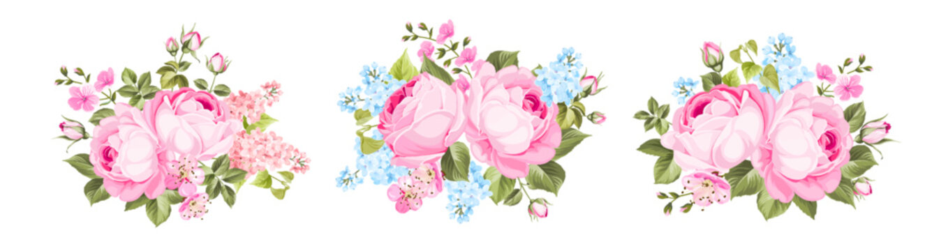Vintage rose flowers set overwhite background. Wedding flowers bundle