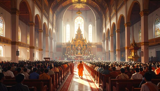 Large ornate interior scene with a multitude of people in pews facing a grand altar bathed in light