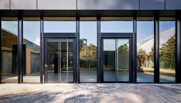 a minimalist store front facade with large glass windows and black steel doors