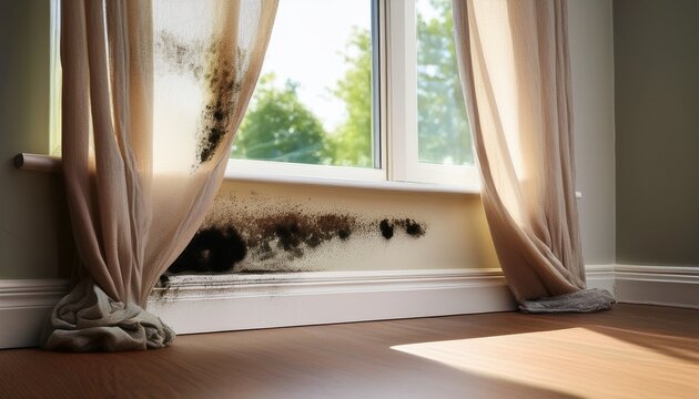 dark mold is present along the baseboard near a bright window covered with sheer curtains revealing signs of moisture in the room