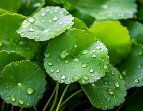 centella asiatica leaves are shown with water droplets resting on the surface the close up captures their texture and natural shine in a garden or outdoor area
