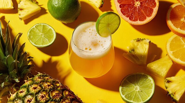 A vibrant flat lay of beer surrounded by tropical fruits like pineapple chunks and citrus slices on a bright yellow background