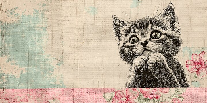 Cute kitten looking surprised with floral background in pastel colors  