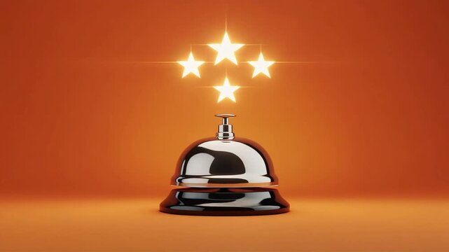 Service bell ringing animation with five glowing stars representing excellent customer satisfaction feedback in a high quality digital video clip