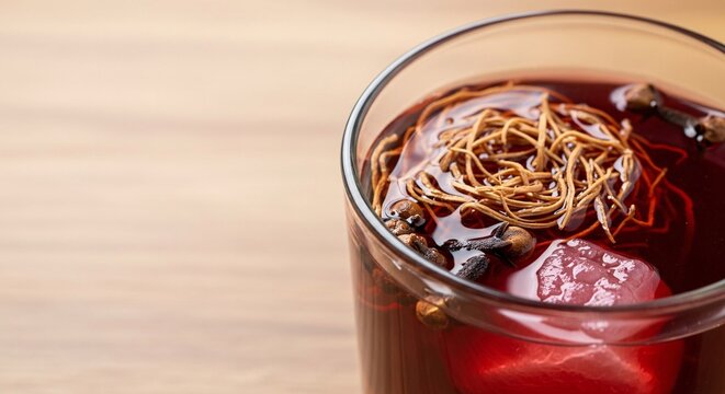 Freshly prepared rustic drink with fruit and herbs served on wooden table
