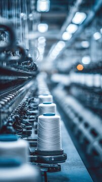 Industrial textile factory interior with rows of white thread spools on spinning machines.