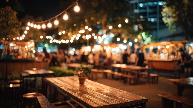 Night scene of a crowded outdoor restaurant patio with wooden tables and glowing string lights