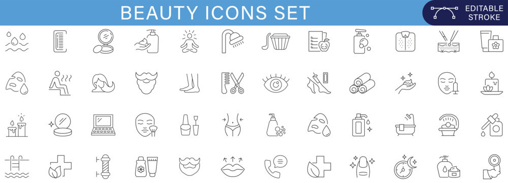 Beauty icons set collection with skincare, cosmetics, spa, salon, wellness, manicure, makeup, haircare, hygiene, facial treatment, massage, aromatherapy and self care line vector symbols editable stro
