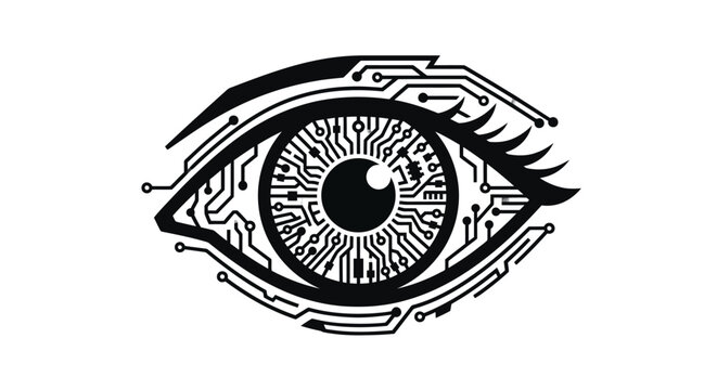 Cybernetic eye illustration with circuit board details on a white background