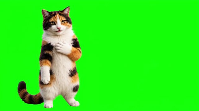 Realistic 3D cat placing hand on heart in a sincere gesture of deep gratitude and trust, honest corporate promise and loyal customer service concept isolated on chroma key green screen background