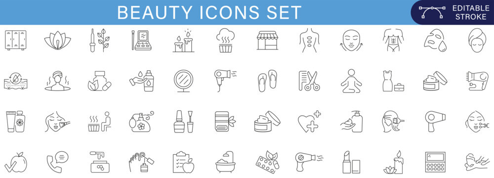 Beauty icons set collection with skincare, cosmetics, spa, salon, wellness, manicure, makeup, haircare, hygiene, facial treatment, massage, aromatherapy and self care line vector symbols editable stro