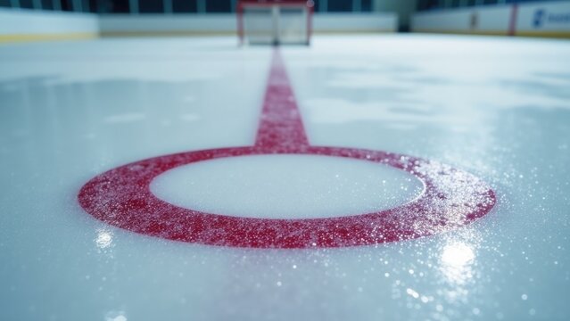 A hockey rink with a red line painted on the ice, suitable for sports and  concepts