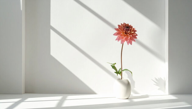 Pink dahlia in white vase against wall