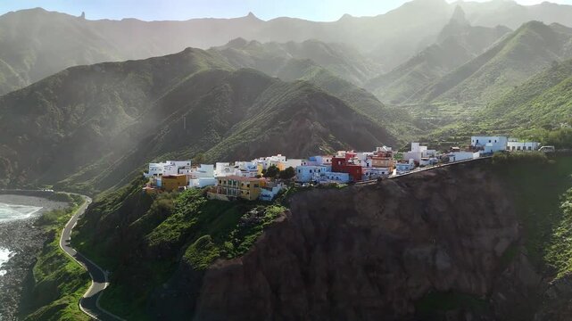 Aerial drone view circling Almaciga coast, Roque de las Bodegas, Tenerife