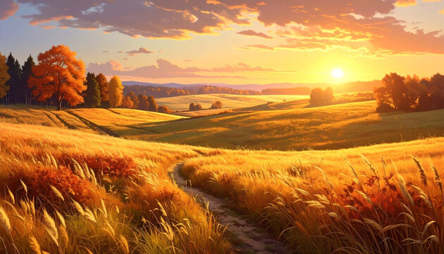 Golden wheat field at sunset illustration