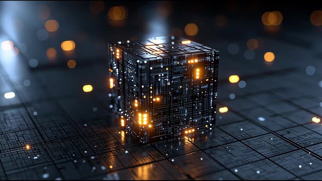Illuminated cubic device with circuit patterns and orange lights on dark grid surface