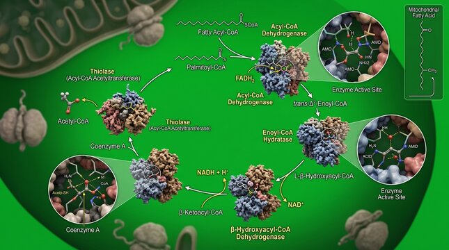 Detailed illustration of fatty acid betaoxidation process in cellular biology