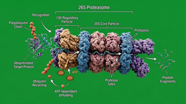 Detailed illustration of the 26s proteasome molecular structure and its functions