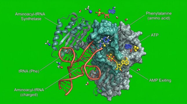 Detailed 3d molecular structure of aminoacyltrna synthetase with trna and amino acid