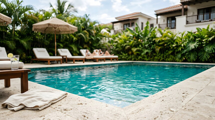 Obraz premium Cozy Poolside Lounge Area with Wicker Sunbeds and Umbrellas