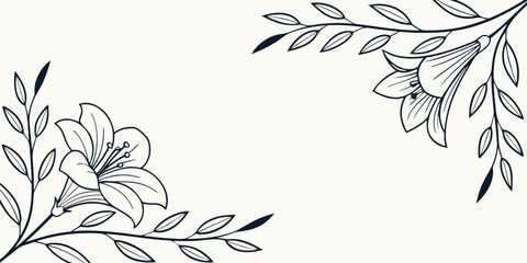 Elegant lily flower frame corners in minimalist line art style for wedding invitation borders and decorative greeting card layout designs with botanical illustration minimalist © Mamun