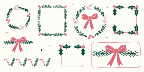 Obraz premium Christmas pine needle wreath and frame collection with pink bows and berries