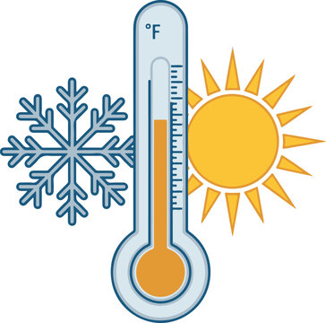 Weather thermometer with sun and snowflake icons for hot and cold temperature