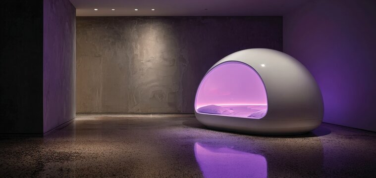 Modern sensory deprivation float tank with purple ambient lighting in dark spa