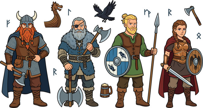Ancient Viking Warrior and Shieldmaiden Character Set with Horned Helmet, Battle Axe, Spear, Longship, Raven, and Norse Runes Vector Illustrations