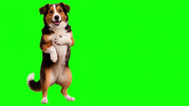 Realistic 3D dog placing hand on heart in sincere gesture of deep gratitude and trust, honest corporate promise and loyal customer service concept isolated on chroma key green screen background
