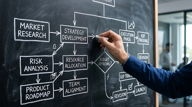 Business planning flowchart drawn on chalkboard with hand and chalk during strategy session