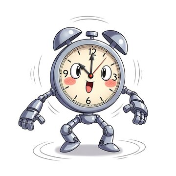 Clockwork robot child playing with clock face.
