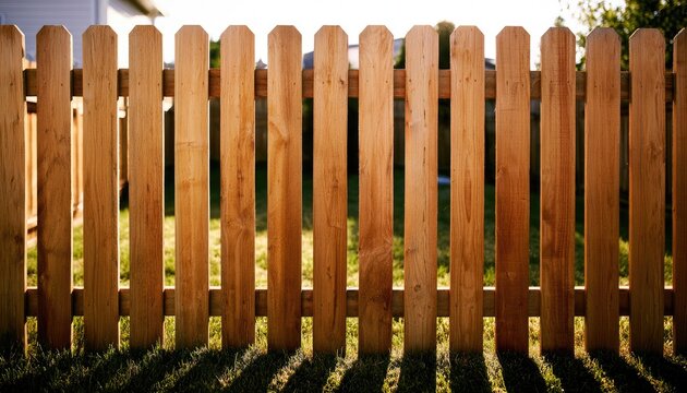 Wooden picket fence with pointed tops, backlit by golden sunlight