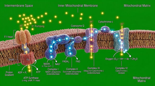 Detailed illustration of the mitochondrial inner membrane structure and function in cellular respiration process