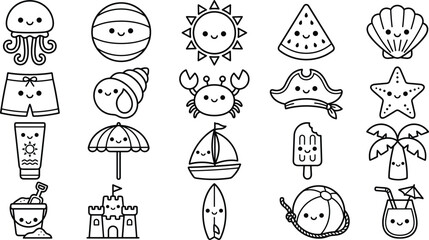 Cute summer beach line icon vector set featuring kawaii cartoon characters like sun jellyfish crab seashell starfish sandcastle and surfboard isolated on white background © Jasmin