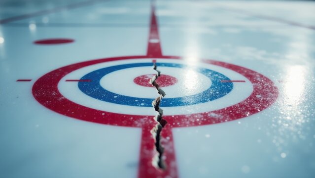 Close-up shot of an ice hockey rink featuring red and blue stripes