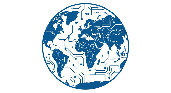 World map with circuit lines blue vector illustration on white background