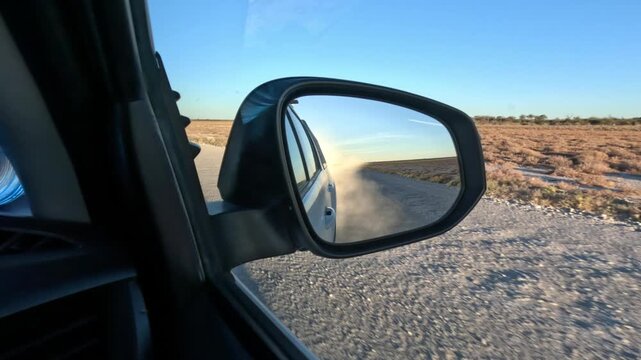 View in rear view mirror while driving through arid dry dusty road landscape in  Namibia