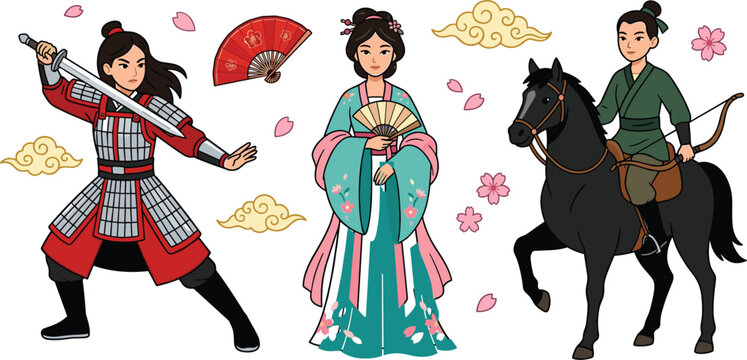 Ancient Chinese Warrior and Princess Character Set with Traditional Hanfu Dress, Armor, Sword, Horse, Archer, and Sakura Blossoms Vector Illustrations
