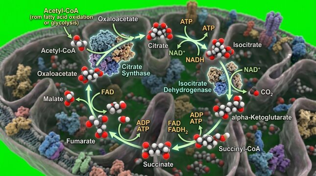 Citric acid cycle process in cellular respiration with labeled components and molecular structures on green background