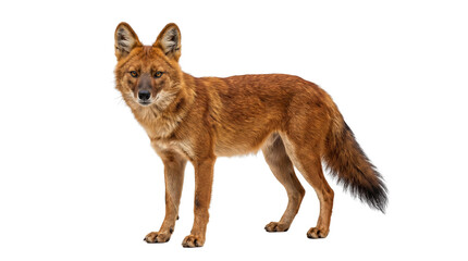 Obraz premium Dhole wild dog standing alert on transparent background, canine animal portrait.