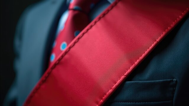 A businessman wearing a suit and tie with a distinctive red sash, suitable for corporate events or formal occasions
