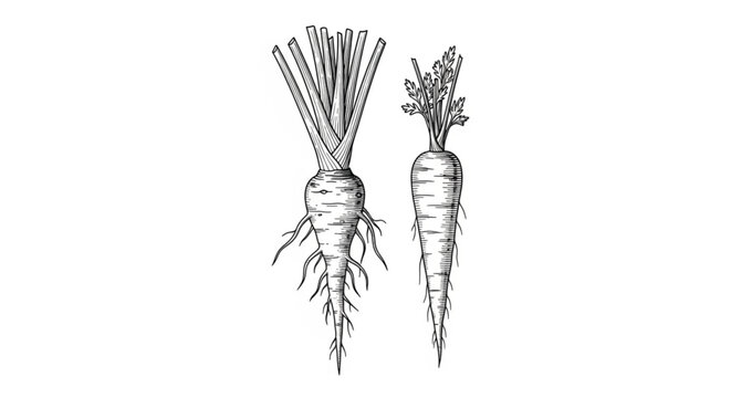 Two fresh green burdock root vegetables.