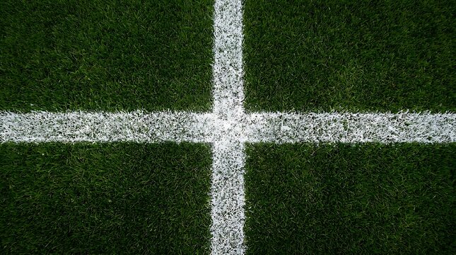 Close up of intersecting white painted boundary lines on vibrant green sports turf symbolizing teamwork strategy and athletic competition rules