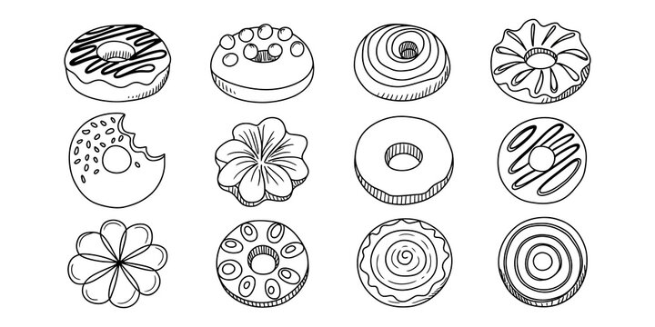 Set of twelve hand drawn donut icons with various toppings and glaze