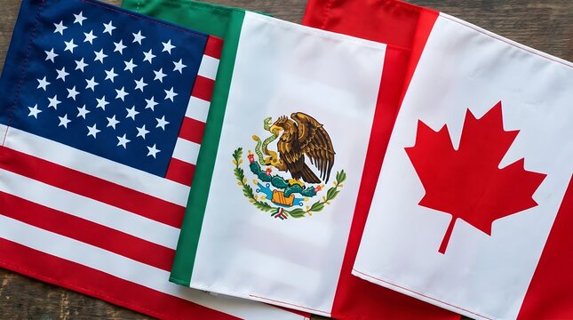 North american flags display united states mexico and canada national symbols on wood surface