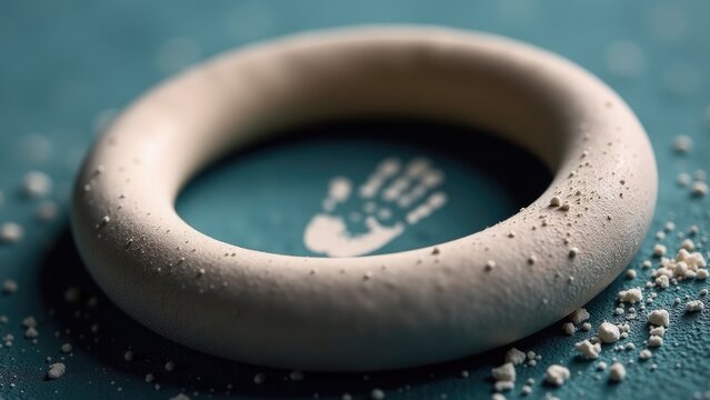 A close-up of a white ring with a handprint design, often used as a symbol of commitment and love