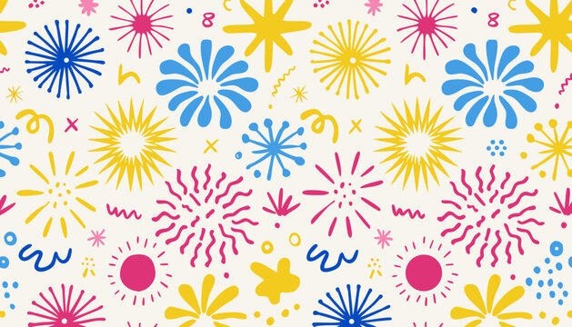 Hand drawn festive firework bursts and confetti pattern with fireworks celebration confetti