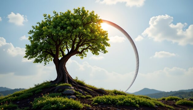 A solitary tree with a lush green canopy, situated in a serene landscape under a clear blue sky