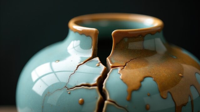 A ceramic vase lies shattered on a wooden table
